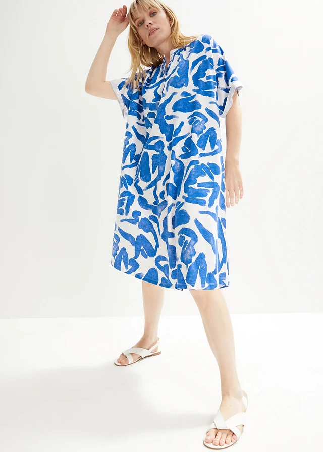 Jersey jurk, Kleur: edelsteenblauw-wit