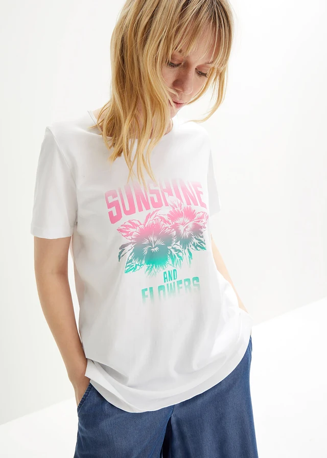 T-shirt coton avec imprimé, manches courtes, Couleur: blanc imprimé
