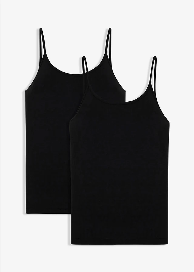 Lot de 2 tops à fines bretelles 100% coton, Couleur: noir