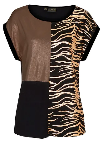 Shirt in patchworklook, Kleur: zwart-koper metallic
