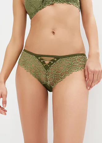 Figi brazylijskie z delikatnej koronki • ciemny khaki • sklep bonprix