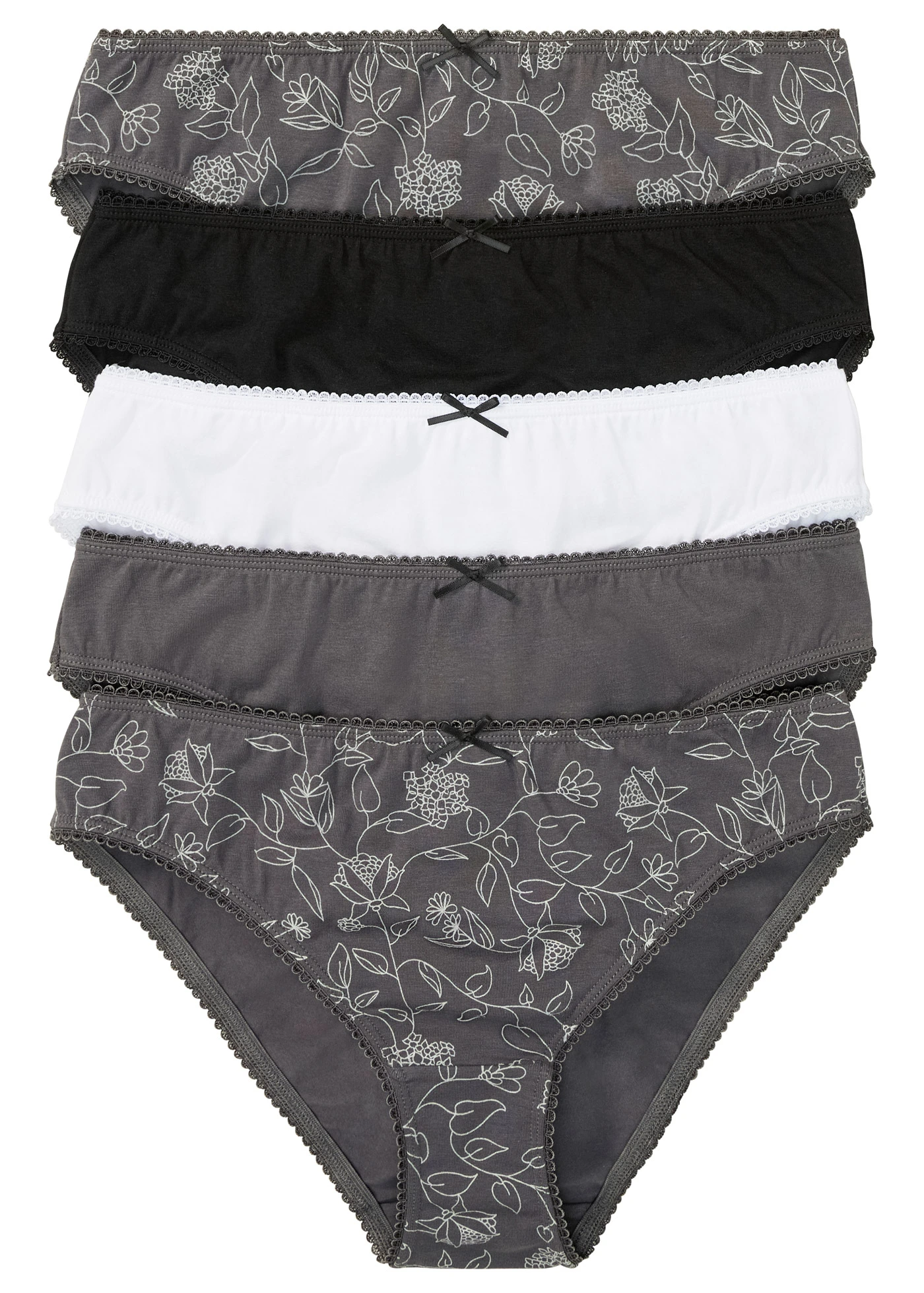 Női alsó bio-pamuttal (5 db-os csomag) • palaszürke/fekete/fehér virágos • bonprix áruház