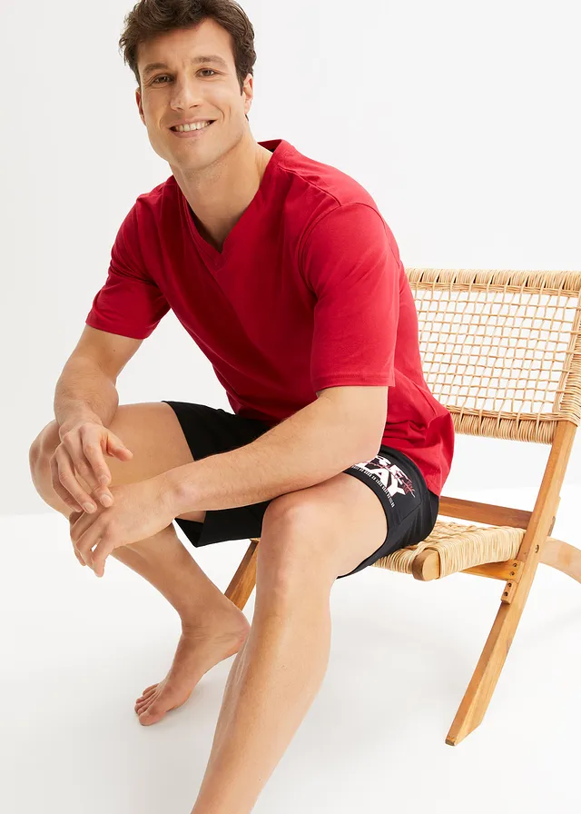 Pyjashort en coton (ens. 2 pces), Couleur: noir/blanc cassé/rouge foncé