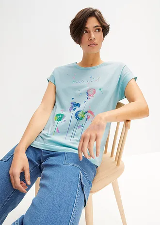 T-shirt avec fleurs de pissenlit, Couleur: menthe glaciale imprimé