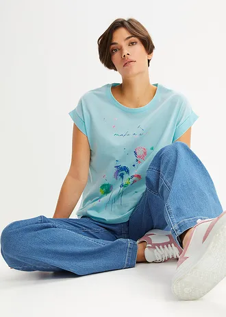 T-shirt avec fleurs de pissenlit, Couleur: menthe glaciale imprimé