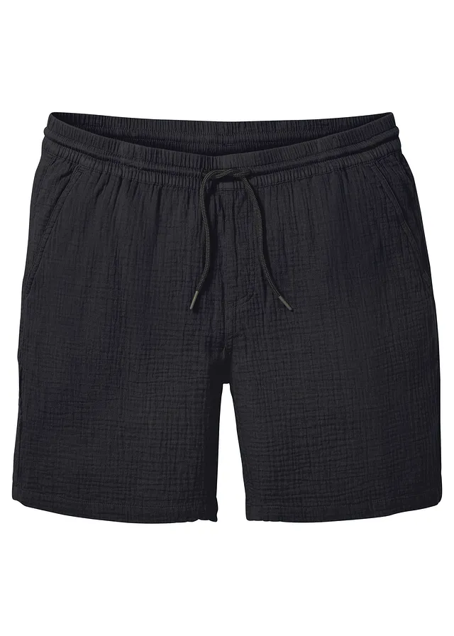 Lange short van mousseline, regular fit, Kleur: zwart
