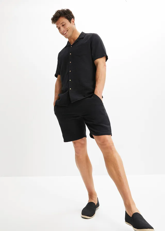 Lange short van mousseline, regular fit, Kleur: zwart