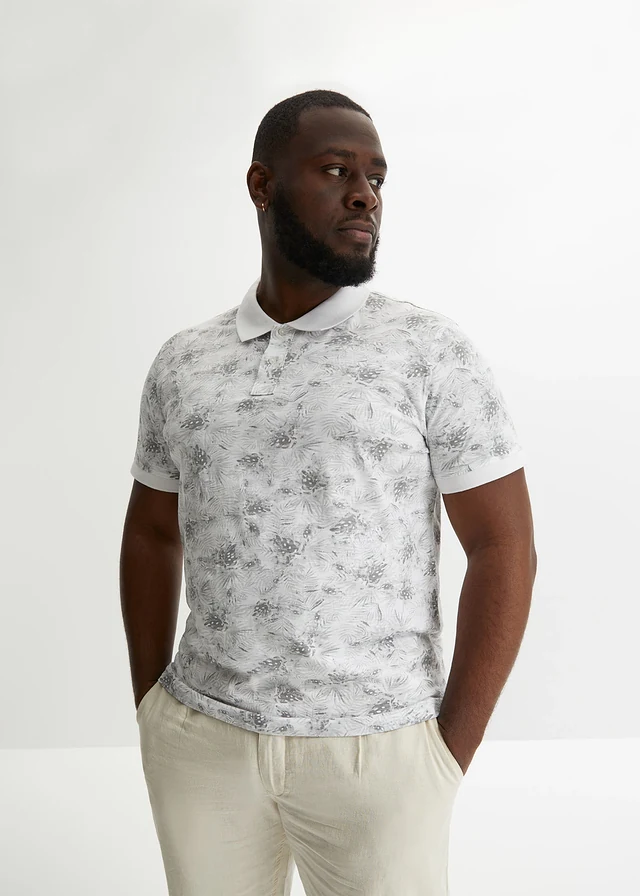Polo 100% coton, Couleur: blanc/gris clair floral