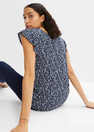 Triko s volánovými rukávy • tmavě modro-bílá s květy • bonprix obchod