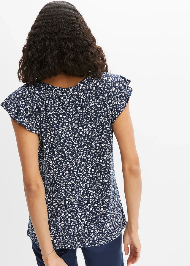 T-shirt à manches volantées, Couleur: bleu foncé/blanc à fleurs