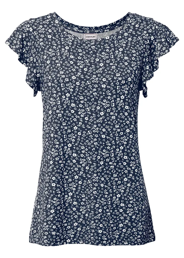 T-shirt à manches volantées, Couleur: bleu foncé/blanc à fleurs