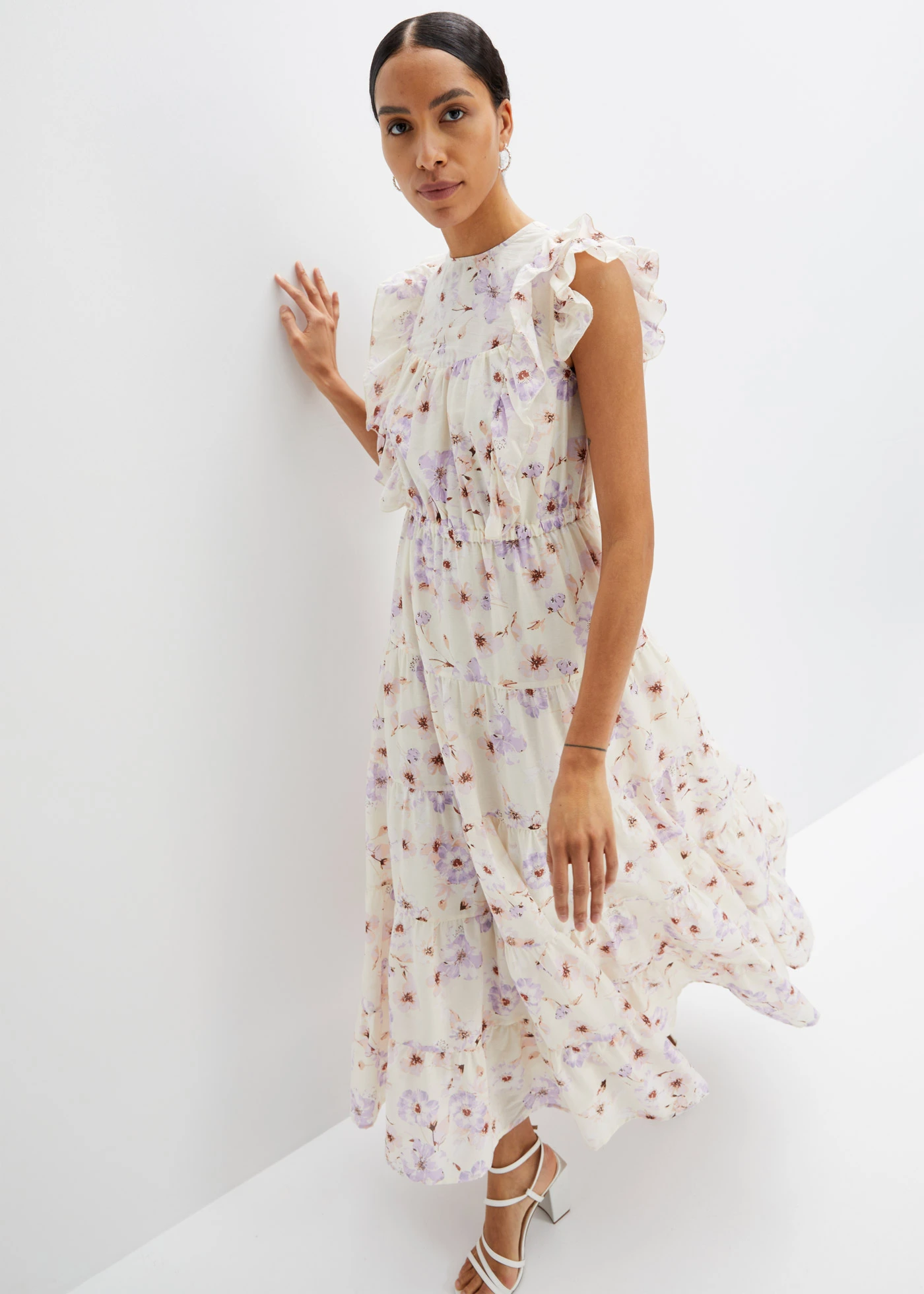 Maxi šaty z čisté bavlny • béžová/jemně šeříková s květy • bonprix obchod