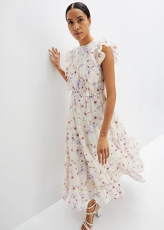 Maxi šaty z čisté bavlny • béžová/jemně šeříková s květy • bonprix obchod