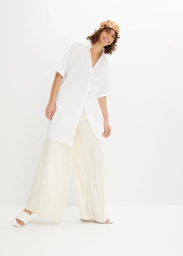 Lange, oversized blouse van mousseline, Kleur: wit