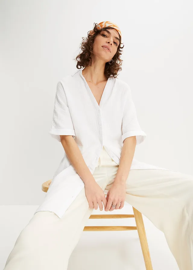 Lange, oversized blouse van mousseline, Kleur: wit