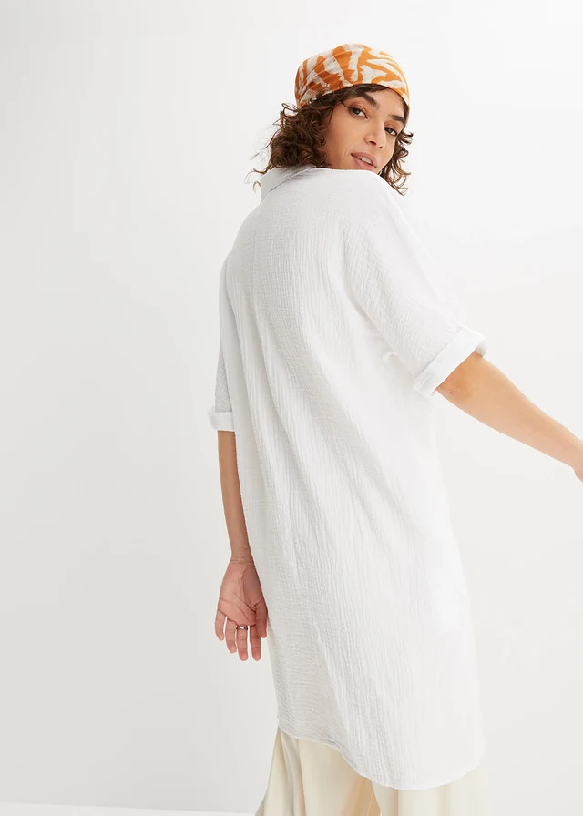 Chemisier long, oversize et doux en gaze de coton, Couleur: blanc