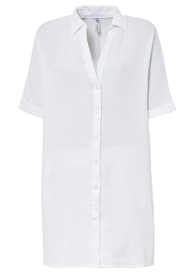 Lange, oversized blouse van mousseline, Kleur: wit