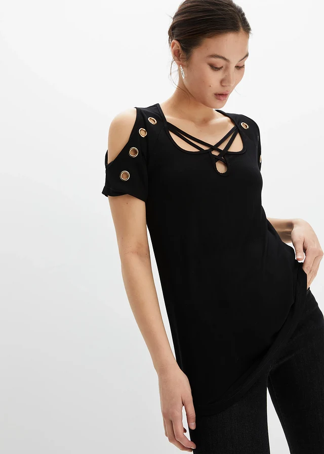 Shirt met straps, Kleur: zwart