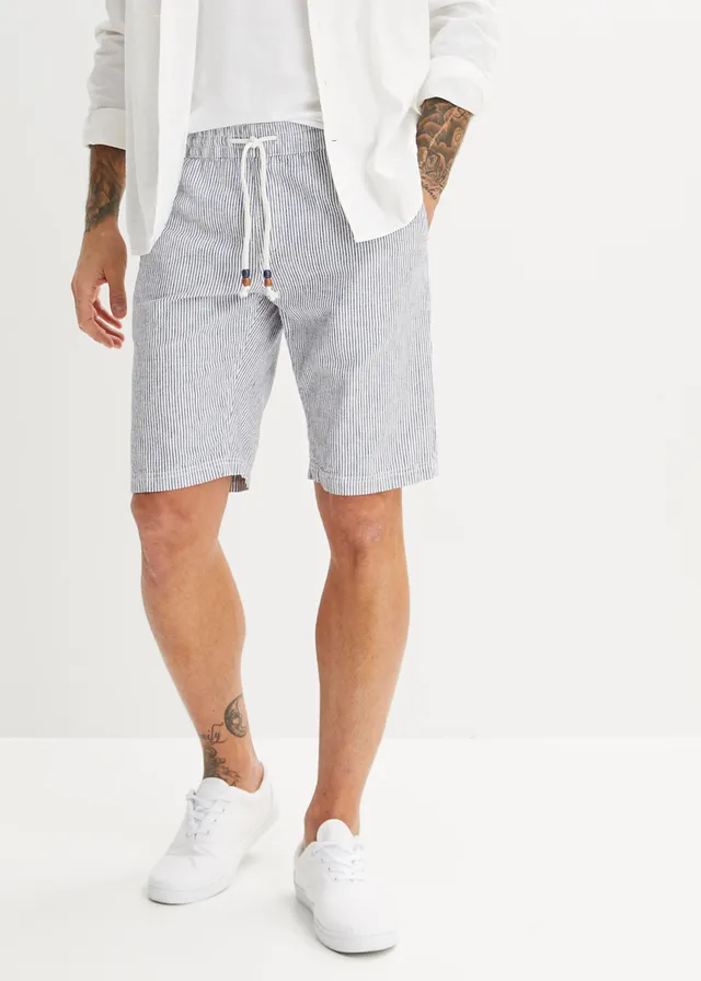 Bermuda met linnen, regular fit, Kleur: donkerblauw/wit gestreept