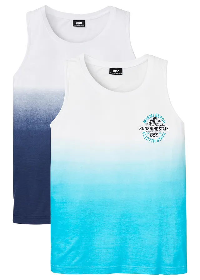 Tanktop van puur katoen (set van 2) • donkerblauw+diep aqua gedessineerd • bonprix online shop