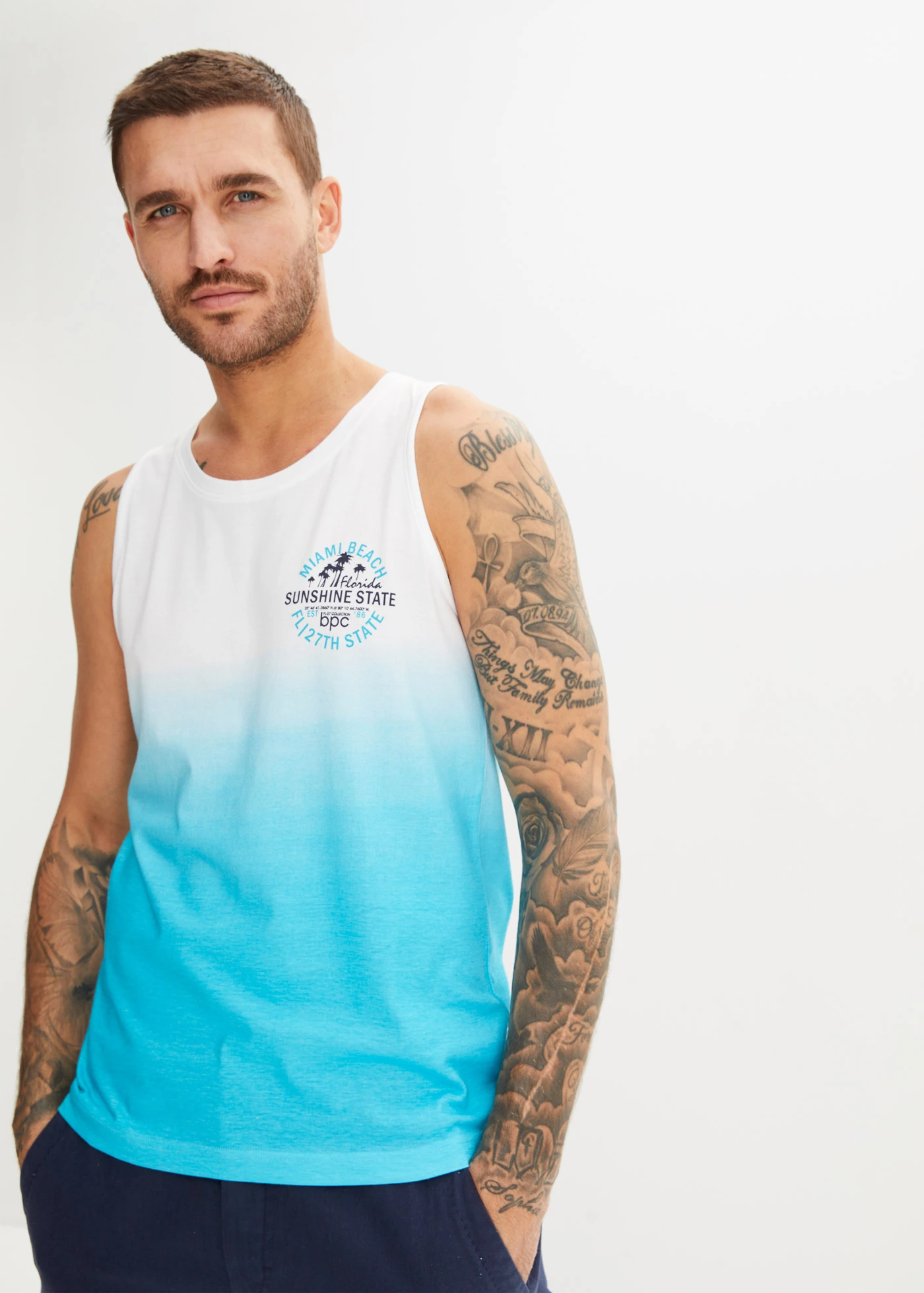 Tanktop van puur katoen (set van 2) • donkerblauw+diep aqua gedessineerd • bonprix online shop