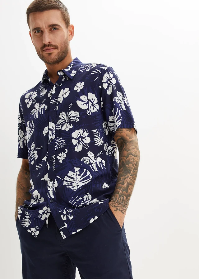 Chemise manches courtes en viscose, Couleur: bleu foncé floral