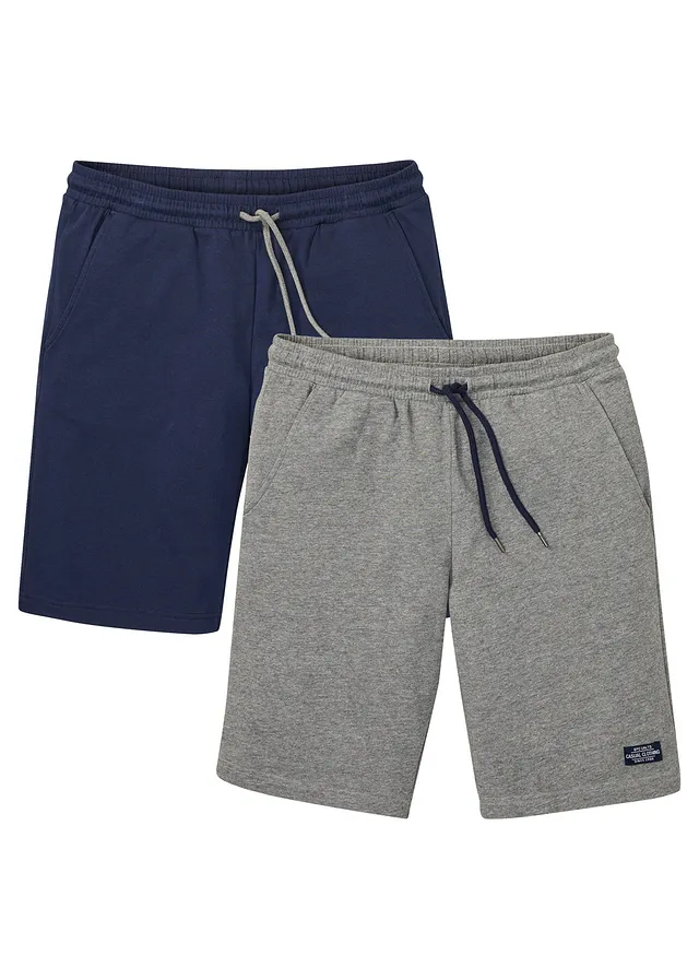 Lot de 2 bermudas sweat, Couleur: bleu foncé/gris chiné