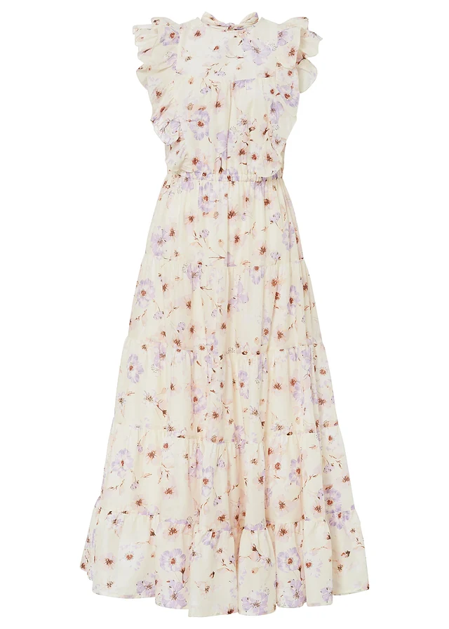 Robe longue 100% coton, Couleur: beige naturel/parme floral