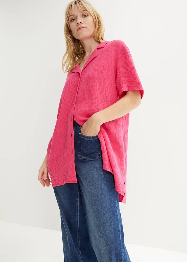 Overhemdblouse van mousseline, Kleur: donkerpink