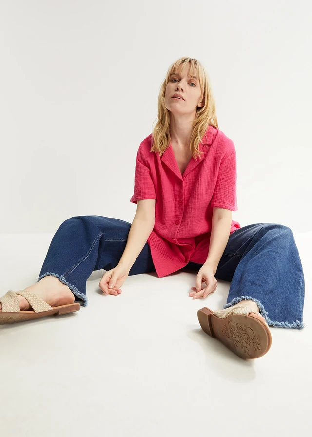 Overhemdblouse van mousseline, Kleur: donkerpink