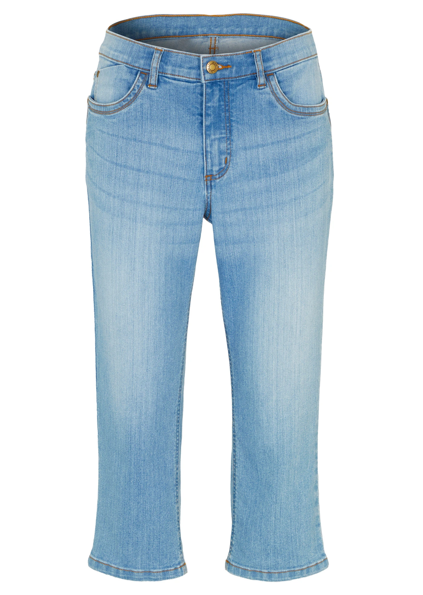 Capri džíny, Mid Waist, Slim Fit • světle modrý denim used • bonprix obchod
