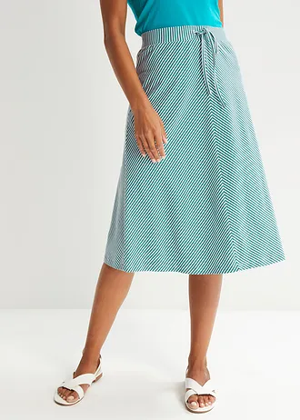 Jersey rok met strepen, knielang, Kleur: dennengroen-wit gestreept