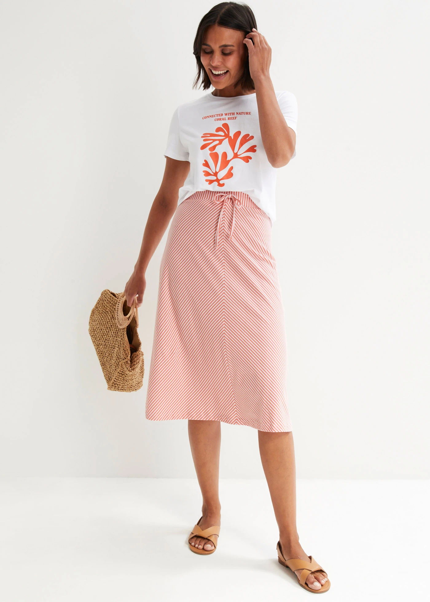 Žerzejová sukně s proužky, ke kolenům • kouřově korálovo-bílá s proužky • bonprix obchod