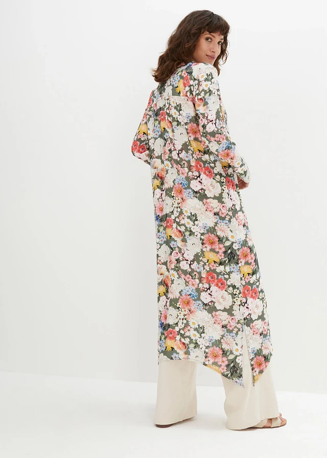 Lange blouse van soepele viscose, Kleur: olijfgroen gebloemd