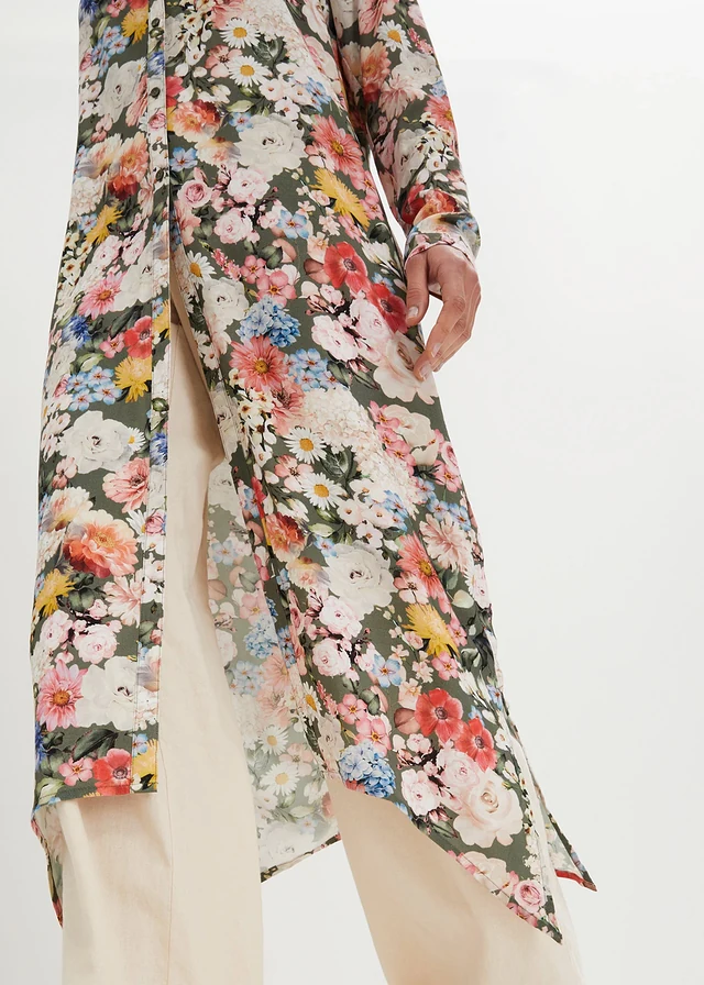 Lange blouse van soepele viscose • olijfgroen gebloemd • product-page.page-title-suffix