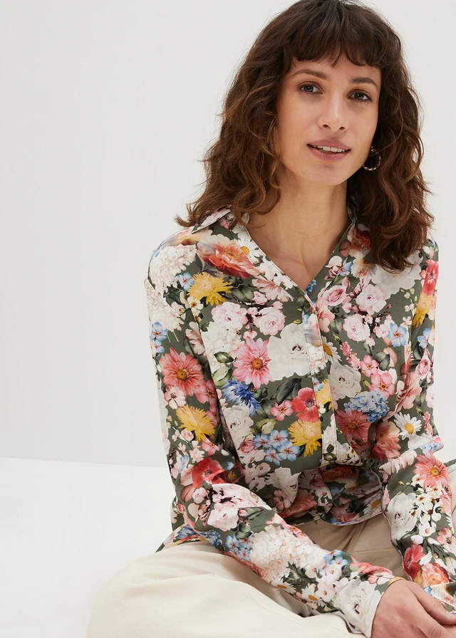 Lange blouse van soepele viscose • olijfgroen gebloemd • product-page.page-title-suffix