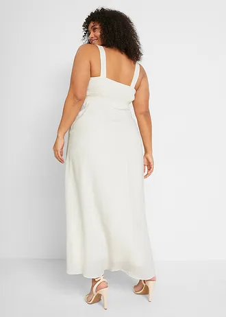 Zwangerschaps trouwjurk met kant, satijn en georgette, Kleur: wolwit