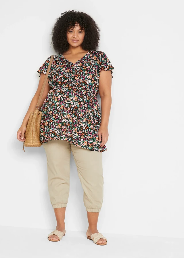Zwangerschapstuniek met voedingsfunctie van viscose, Kleur: zwart gebloemd