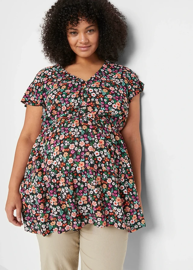 Zwangerschapstuniek met voedingsfunctie van viscose, Kleur: zwart gebloemd