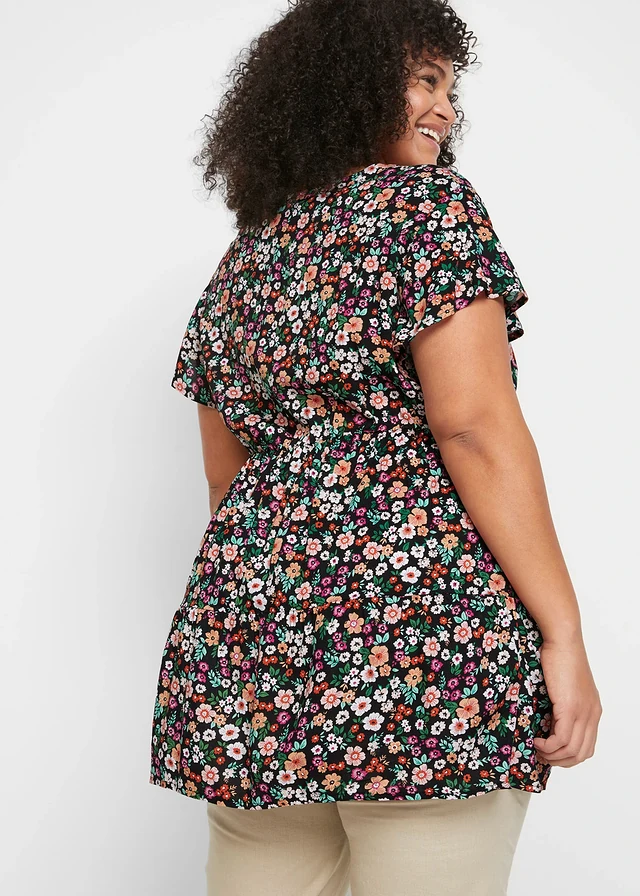 Zwangerschapstuniek met voedingsfunctie van viscose, Kleur: zwart gebloemd