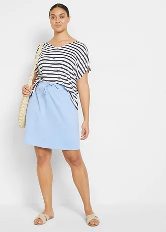 Linnen shirt met vleermuismouwen en V-hals, Kleur: donkerblauw/wit gestreept