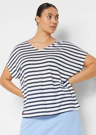 T-shirt 100% lin à manches chauve-souris, Couleur: bleu foncé-blanc rayé