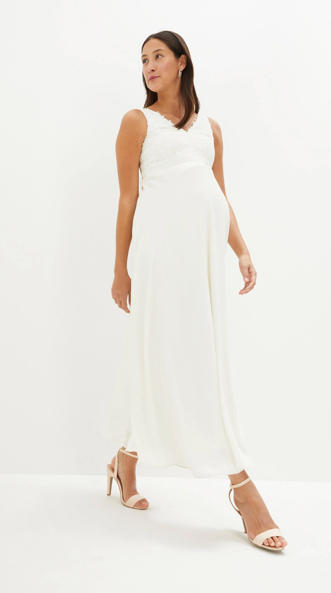 Sukienka ślubna ciążowa z koronki, satyny i żorżety • biel wełny • sklep bonprix