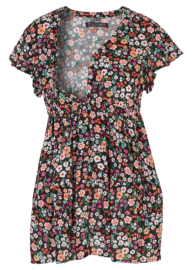 Zwangerschapstuniek met voedingsfunctie van viscose, Kleur: zwart gebloemd