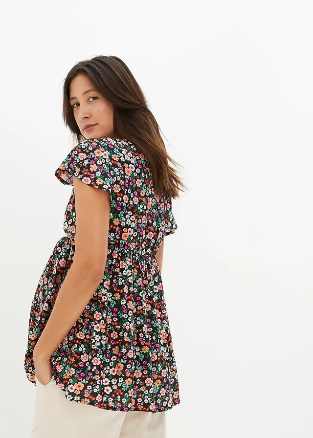 Zwangerschapstuniek met voedingsfunctie van viscose, Kleur: zwart gebloemd