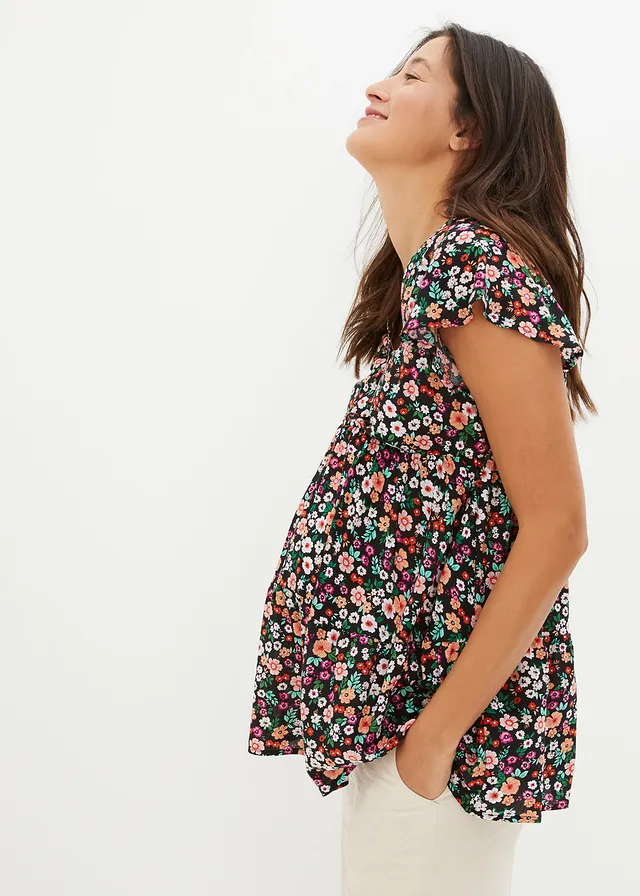 Zwangerschapstuniek met voedingsfunctie van viscose, Kleur: zwart gebloemd