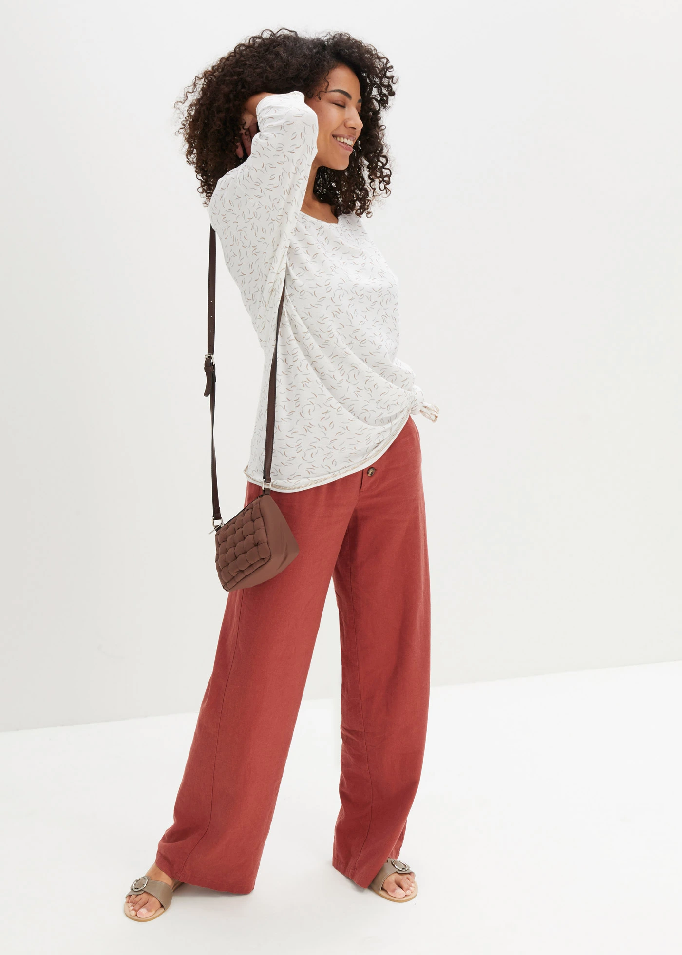 Lange palazzo broek met linnen • marsala • bonprix online shop