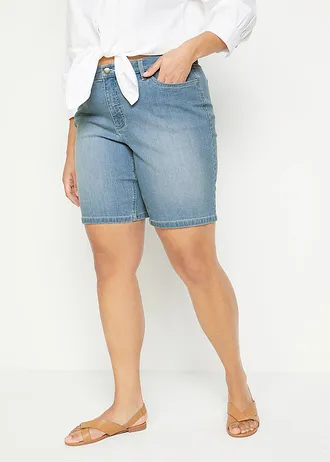 Bermude de blugi Mid Waist, culoare: bleu denim uzat