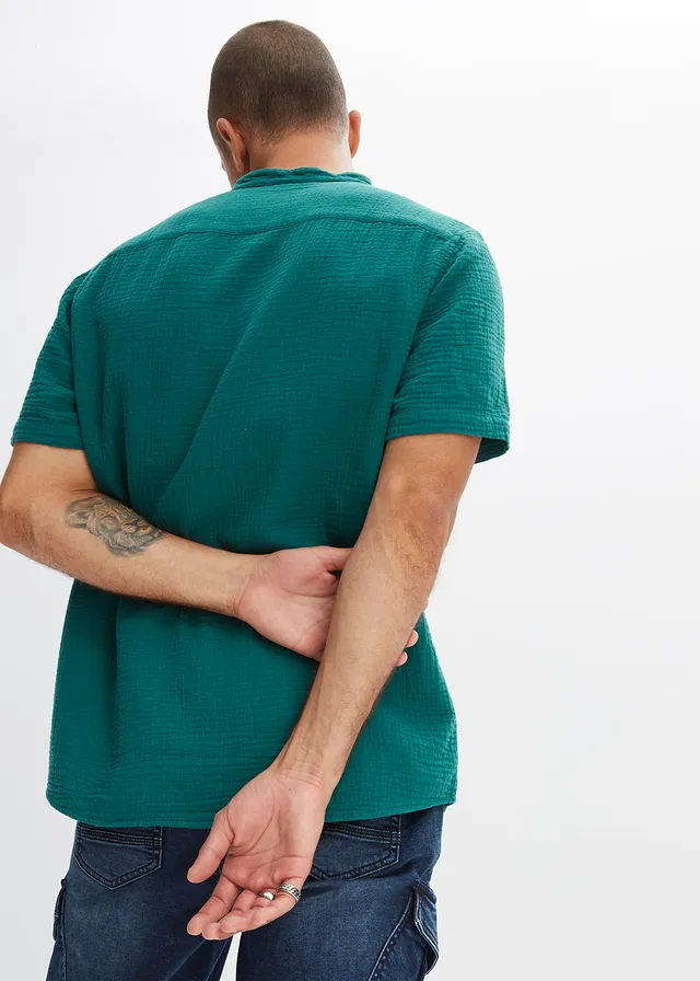 Overhemd met korte mouwen van mousseline, Kleur: petrol