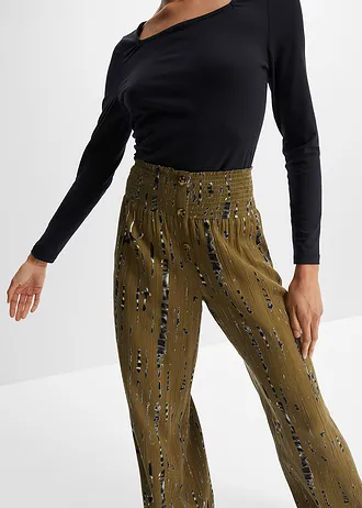 Kalhoty Palazzo ze splývavé viskózy • khaki zelené-černá s potiskem • bonprix obchod